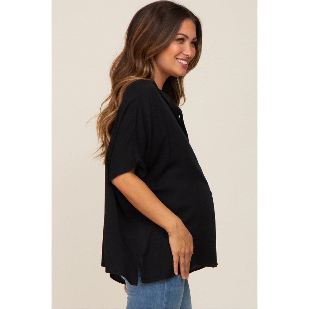 Vine & Love Black Button Up Dolman Short Sleeve Maternity Top - Picture 3 of 17